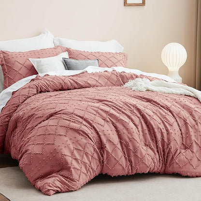 Bedsure Full Size Comforter Set - Pink Clay Comforter, Boho Tufted Shabby Chic Bedding Comforter Set, 3 Pieces Vintage Farmhouse Bed Set for All Seasons, Fluffy Soft Bedding Set with 2 Pillow Shams