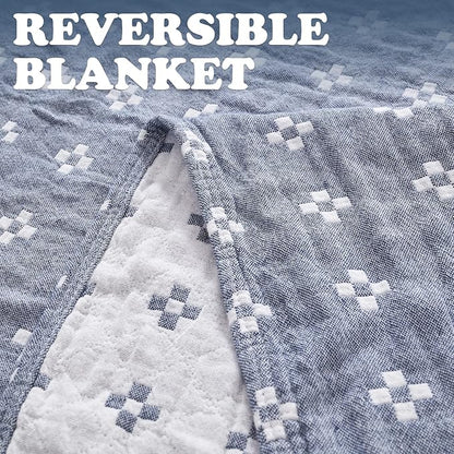 jinchan Boho 100% Cotton Blanket Muslin 50x60 Inches Lightweight 3-Layer Geometric Cross Pattern Reversible Quilt Throw Soft Breathable Comfy All Seasons for Couch Bed Decor, Blue