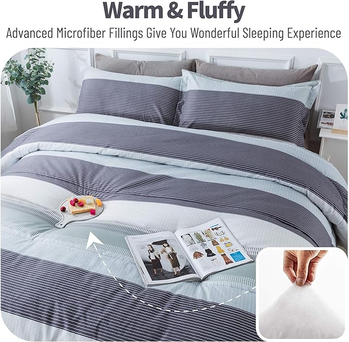 Andency Stripe Comforter Set Twin Size (66x90 Inch), 2 Pieces Mint Green Patchwork Striped Comforter, Soft Microfiber Down Alternative Comforter Bedding Set with Corner Loops (Mint, White, Grey)
