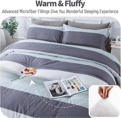 Andency Stripe Comforter Set Full Size (79x90 Inch), 3 Pieces Mint Green Patchwork Striped Comforter, Soft Microfiber Down Alternative Comforter Bedding Set with Corner Loops