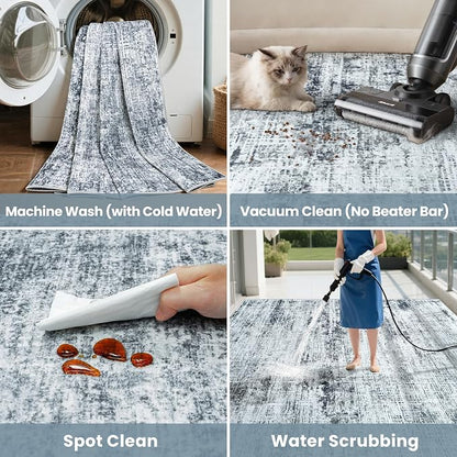 10x14 Washable Area Rug for Living Room Bedroom: Non-Slip Modern Black Grey | Machine Washable TPR Backing, Stain-Resistant Low Pile, Pet & Kid Friendly, Abstract Decor for Dining Room, Dorm, Home Office