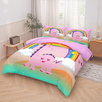 Tailor Shop Dinosaur Girls Comforter Set Queen Size,Rainbow Pink Dinosaur Bedding Set,Cartoon Dino Comforter Sets for Kids Teens，Dinosaur Bed Set,with 1 Comforter 2 Pillowcase