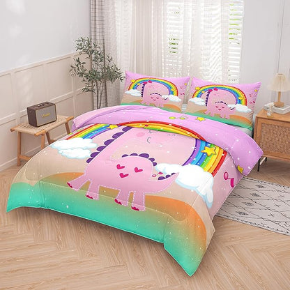 Tailor Shop Pink Dinosaur Comforter Set, Kids Dinosaur Comforter Sets,Cartoon King Bedding Set for Girls ，Colorful Dino Bedding Sets，Dinosaur Bed Set,with 1 Comforter 2 Pillowcase