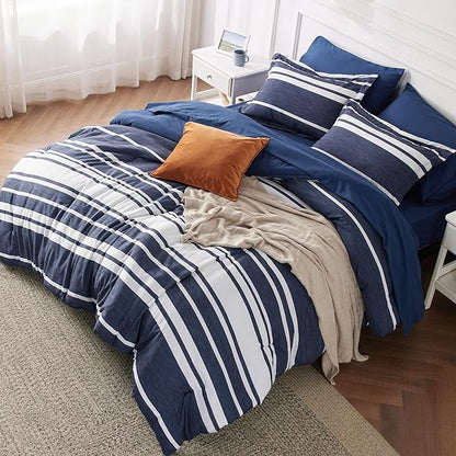 Bedsure Twin XL Comforter Set, Extra Long 5 Pieces Navy Striped Twin XL Bedding Sets, All Season Dorm Room Essentials with 1 Pillow Sham, Flat Sheet, Fitted Sheet and 1 Pillowcase