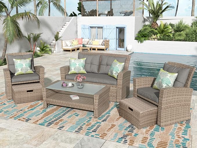 4-Piece Outdoor Patio Furniture Sets, All Weather Wicker Sectional Sofa Loveseat with Ottoman, Soft Cushions&Glass Table w/Shelf, Conversation Couch for Garden Backyard Poolside Deck, Gray