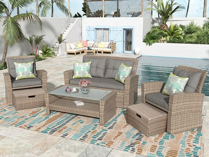 4-Piece Outdoor Patio Furniture Sets, All Weather Wicker Sectional Sofa Loveseat with Ottoman, Soft Cushions&Glass Table w/Shelf, Conversation Couch for Garden Backyard Poolside Deck, Gray