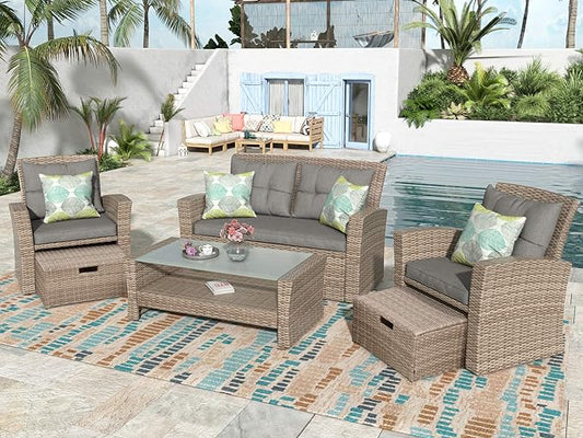4-Piece Outdoor Patio Furniture Sets, All Weather Wicker Sectional Sofa Loveseat with Ottoman, Soft Cushions&Glass Table w/Shelf, Conversation Couch for Garden Backyard Poolside Deck, Gray