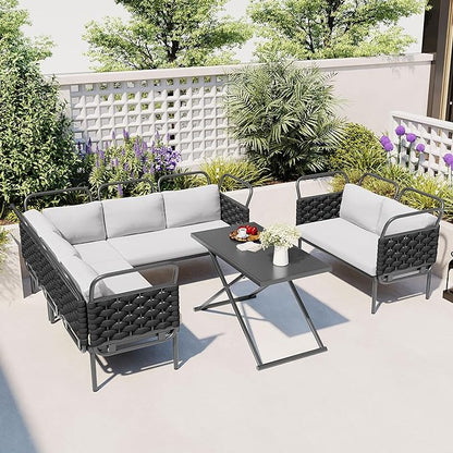 5-Piece Outdoor Patio Sectional L-shaped Sofa Set, Woven Rope Conversation Furniture with Loveseat, Corner Couch, Glass Coffee Table and Removable Cushions, Onesize, Black+Gray