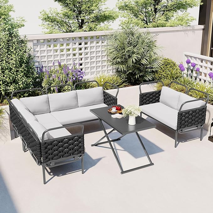 5-Piece Outdoor Furniture Sectional Conversation Sofa Set with Loveseat, Glass Table and Removable Cushions, All Weather Patio Woven Rope L-Shaped Couch for Garden Backyard, Black+Gray