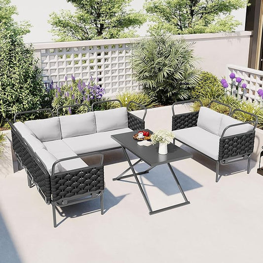 5-Piece Outdoor Furniture Sectional Conversation Sofa Set with Loveseat, Glass Table and Removable Cushions, All Weather Patio Woven Rope L-Shaped Couch for Garden Backyard, Black+Gray