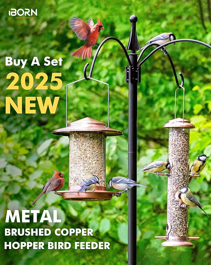iBorn Bird Feeders for Outdoors Hanging,Metal Bird Feeders for Cardinal Chew Proof 18cm Large Roof&Tray Birdfeeders Outside Hanging,Brushed Copper 6 Port (Seed is not Included)