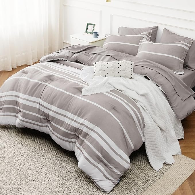 Bedsure Bed in a Bag King 7 Pieces, Warm Taupe White Striped Bedding Comforter Sets All Season Bed Set, 2 Pillow Shams, Flat Sheet, Fitted Sheet and 2 Pillowcases