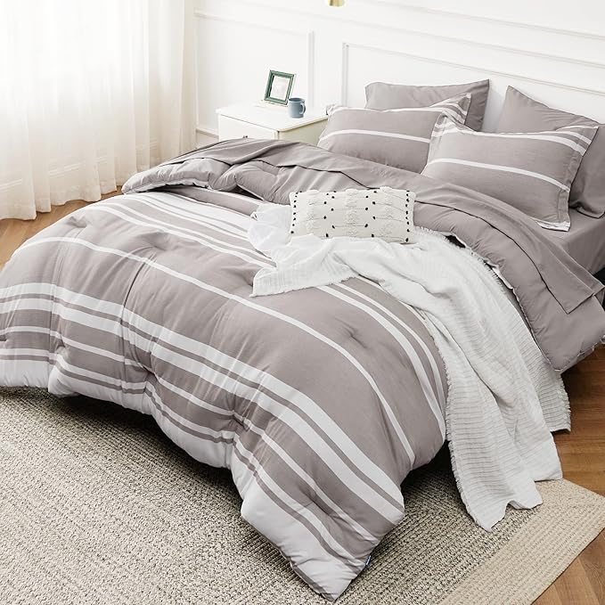Bedsure Full Size Bedding Sets 7 Pieces, Warm Taupe White Striped Bedding Comforter Sets All Season Bed Set, 2 Pillow Shams, Flat Sheet, Fitted Sheet and 2 Pillowcases