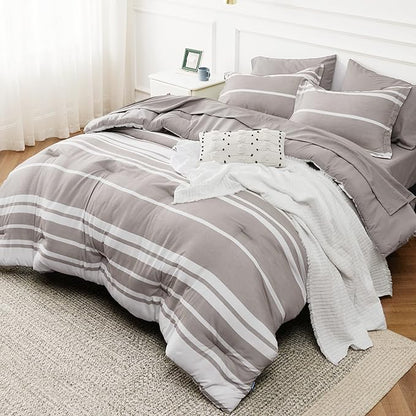 Bedsure Full Size Bedding Sets 7 Pieces, Warm Taupe White Striped Bedding Comforter Sets All Season Bed Set, 2 Pillow Shams, Flat Sheet, Fitted Sheet and 2 Pillowcases