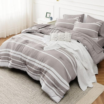Bedsure Bed in a Bag Twin Size 5 Pieces, Warm Taupe White Striped Bedding Comforter Sets All Season Bed Set with 1 Pillow Sham, Flat Sheet, Fitted Sheet and 1 Pillowcase