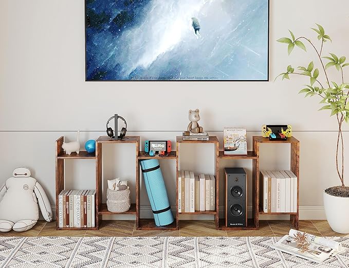 Yusong Geometric Bookcase, Bookshelf 6-Tier S Shaped Book Shelves for Bedroom, Modern Wood Decorative Display Shelf Tall Book Case for Home Office, Rustic Brown