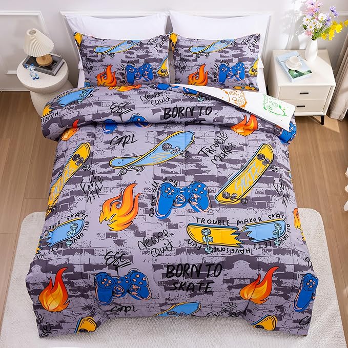 Btargot Gaming Stone Pattern Comforter Set for Boys Girls Kids, 3 Pieces Reversible Skateboard Game Console Flame Painting Bedding Set, Grey Twin