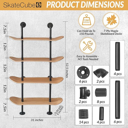 Industrial Shelves - 4 Tier Industrial Decor Pipe Bookcase Using 7 Ply Skateboard Decks - Natural Wood Stain Finish - Perfect Bathroom Wall Decor, Book Shelf for Skateboard Enthusiasts