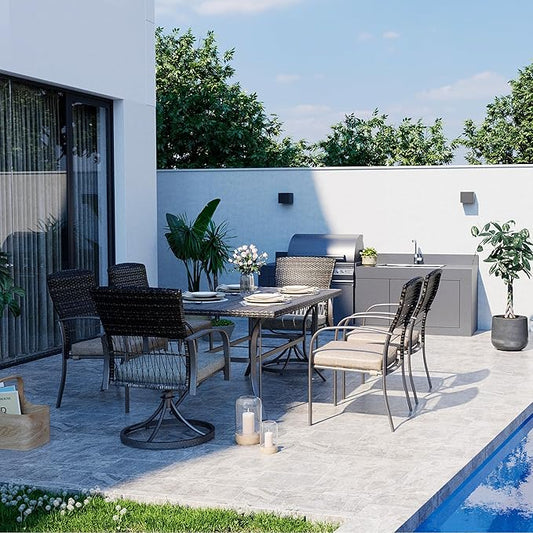 Pamapic 7 Piece Patio Dining Set for 6,Outdoor Wicker Furniture Set for Backyard Garden Deck Poolside with 4 Dining Chairs and 2 Swivel Rockers,Iron Slats Table Top, Removable Cushions(Beige)