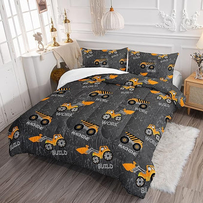 Datura home Construction Truck Comforter Set for Boys Kids Children,Machinery Excavators Vehicles Tractor Bedding Set with 1 Comforter and 2 Pillowcases(Brown Truck Twin) Twin 68x86''