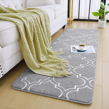 Chicrug Shag Geometric Modern Runner Rug for Bedroom, 2x6 Feet Memory Foam Indoor Hallway Runner Carpet, Fluffy Rug for Living Room Bedside Room Decor for Family, Grey/White