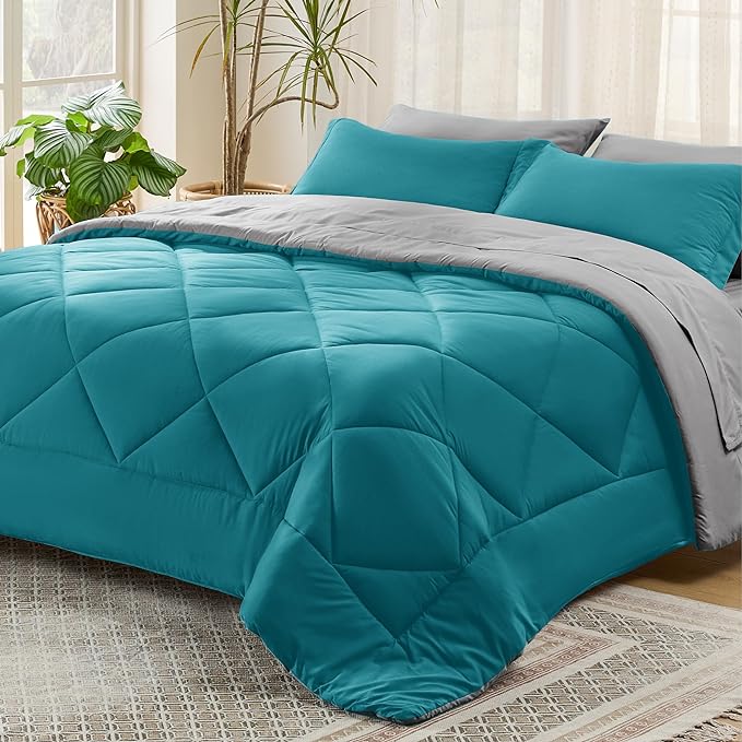 Bedsure Teal King Size Comforter Set - 7 Pieces Reversible King Bed in a Bag King Bed Set with Comforters, Sheets, Pillowcases & Shams, King Bedding Sets