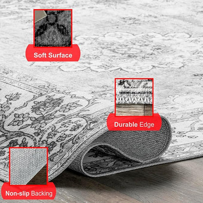 nuLOOM Ren Vintage Floral Machine Washable Ultra Thin Area Rug, 8x10, Grey