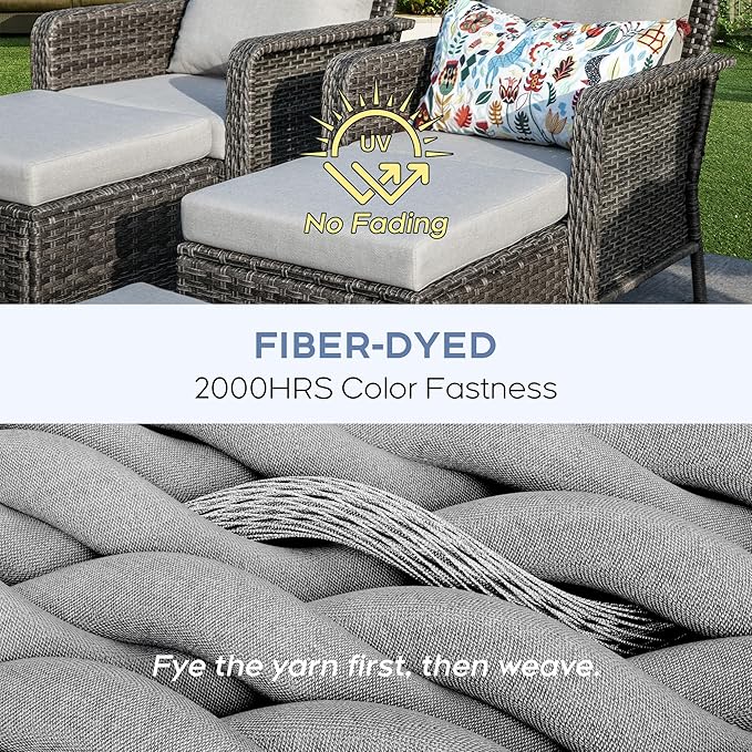 Yechen Patio Conversation Set 10 Seats with 44" Propane Gas Fire Pit Table - 7 Pcs Outdoor Wicker Furniture Set with Lid & Wind Shields - Sectional Sofa Set for Porch,Backyard
