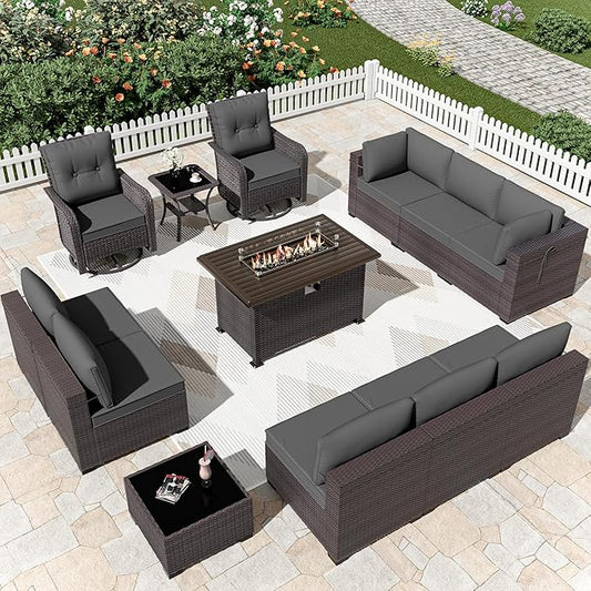 Patio Furniture Sectional Sofa Set 13-Pieces PE Rattan Swivel Rocking Chairs Patio Conversation Set w/43in Gas Fire Pit Table, Outdoor Furniture with 55000 BTU Propane Fire Pit, Grey