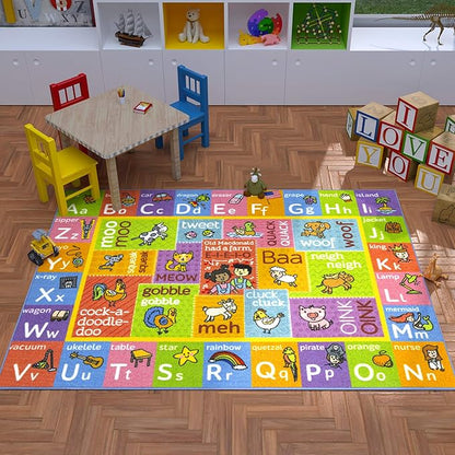 KC Cubs Kids Rug, Baby Play Mat ABC Alphabet with Animals Old MacDonald Educational Learning Game Play Area Non Slip Baby Girl & Boy Carpet for Children Bedroom Toddler Playroom Floor Mat Nursery Rug