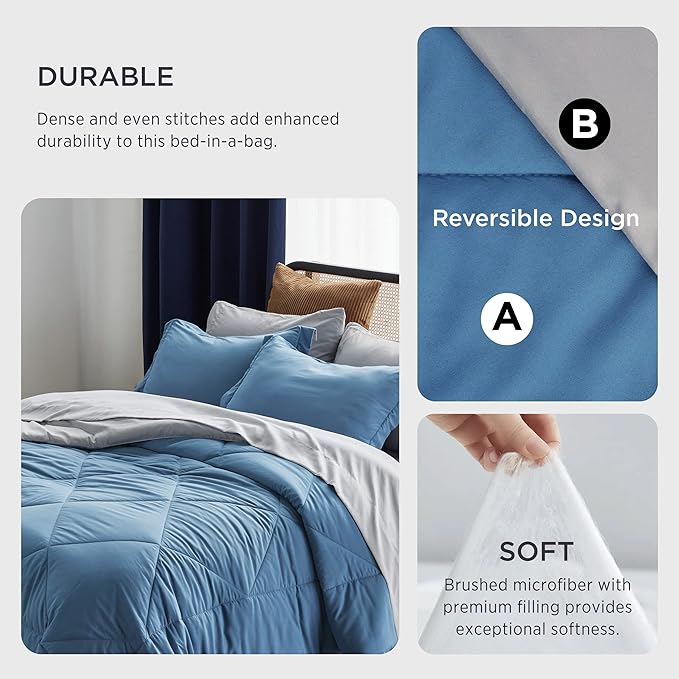 Bedsure Blue Full Comforter Set - 7 Pieces Reversible Bed Set Bed in a Bag Full with Comforters, Sheets, Pillowcases & Shams, Full Bedding Sets