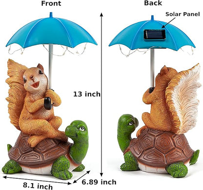 Malister Solar Garden Statue Outdoor Decor - Squirrel Siting on Turtle Statue with String Lights Umbrella for Patio, Garden Decor Garden Art Outdoor Lawn Decor Yard Art, Housewarming Garden Gifts