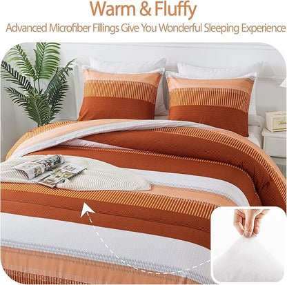 Andency Stripe Comforter Set Twin Size (66x90 Inch), 2 Pieces Terracotta Patchwork Striped Comforter, Soft Microfiber Down Alternative Comforter Bedding Set with Corner Loops