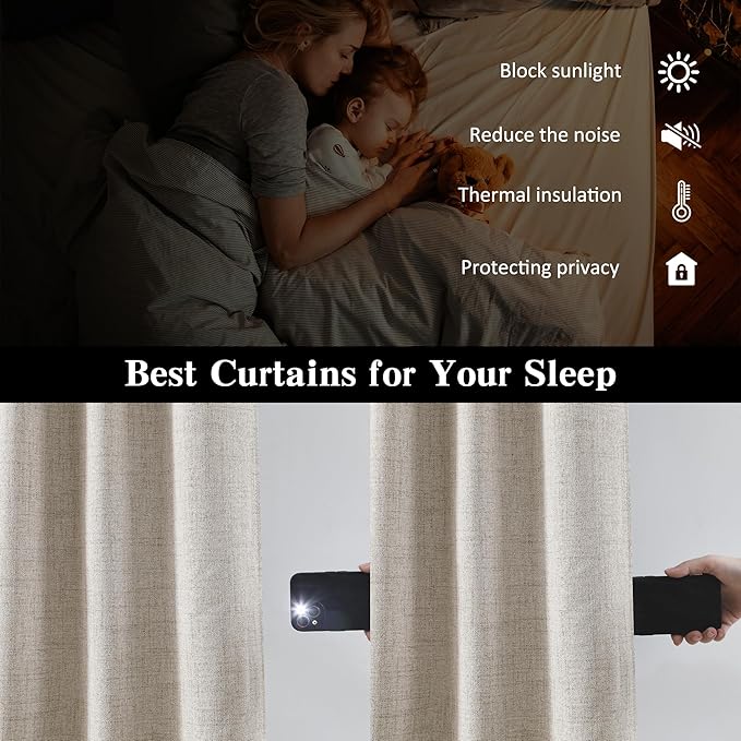 RAIN CITY Beige Color Blackout Curtains 90 Inch Long 2 Panels,Back Tab Pleated Heading Tape with Hooks,Minimalist Completely Shaded Thermal Insulated Noise Reducing French Door Drapes 50 Wide