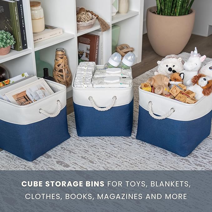 OrganiHaus 11x11 Cube Storage Bins 4 Pack, Foldable Cube Storage Organizer w/ Rope Handles, Collapsible Fabric Bins for Toys, Clothes & Closet Organization, Fabric Square Baskets - Navy Blue