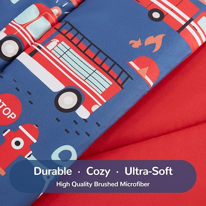 SLEEP ZONE Kids Bedding Comforter Set Full/Queen Size - Super Soft & Cute Printed 3-Piece Comforter Set All Seasons for Boys, Girls, Fade Resistant, Machine Washable, Fire Truck
