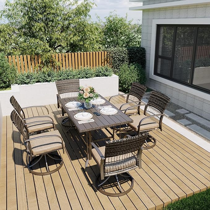 Pamapic 7 Piece Outdoor Dining Set, Rattan Outdoor Patio Furniture Set for Deck Backyard Garden with Iron Outdoor Dining Table, 6 Swivel Outdoor Dining Chairs and Removable Cushions (Beige)