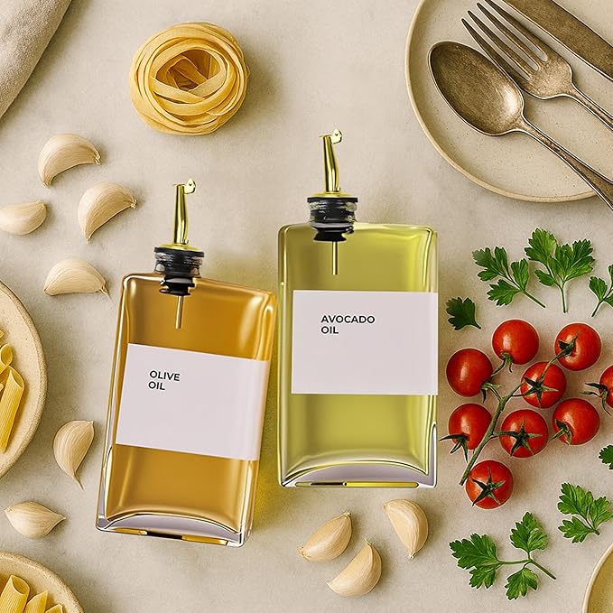 Olive Oil Dispenser Bottle - Includes 44 Kitchen Essential Labels - Cooking Oil Bottles for Kitchen, Coffee Syrup Dispenser - Pourer Spout with 11.8 fl oz Glass Container Cruet - 4pcs, Gold
