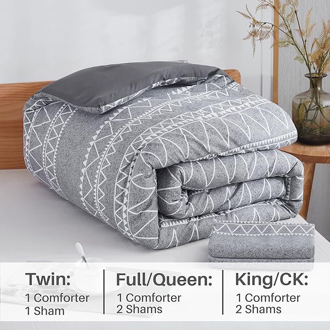 Boho Grey Stirped Comforter Set Twin for Kids Adult, 2 PCS Reversible Bedding Set Gray Comforter with 1 Pillow Sham, Lightweight Breathable for All Seasons(Twin,66x90inches)