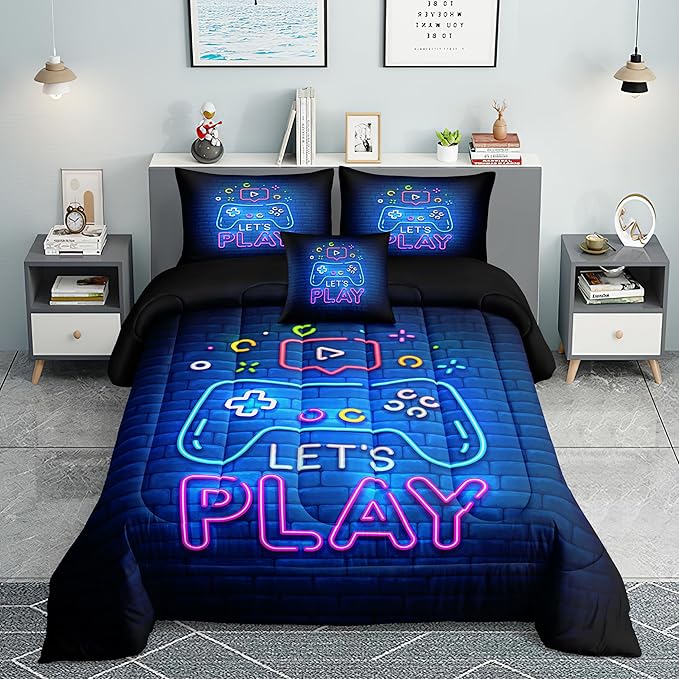 Gamer Comforter Sets,6 PCS Gaming Bedding Set for Boys,Kids Comforter Sets for Boys,Twin Comforter Sets for Boys,Bed in A Bag with Sheets(Twin,Blue Color)