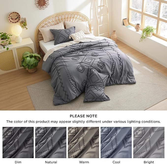 Bedsure Boho Comforter Set Queen - Dark Grey Tufted Bedding Comforter Set, 3 Pieces Farmhouse Shabby Chic Embroidery Bedding Set, Soft Geometric Pattern Comforter for All Seasons