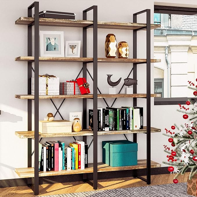 IRONCK Bookshelf, Double Wide 5-Tier Open Bookcase Vintage Industrial Large Shelves, Wood and Metal Etagere Bookshelves, for Home Decor Display, Office Furniture, 13D x 53.1W x 70H in