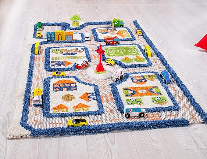 IVI Thick 3D Childrens Play Mat & Rug in A Colorful Town Design for Kids with Soccer Field, Car Park & Roads, Blue, 32 x 45 inches