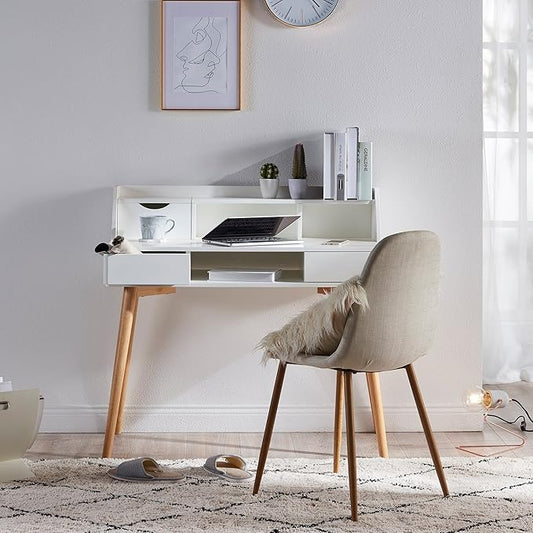 Teamson Home Creativo Writing Study Computer Desk with Solid Wood Legs, Storage Drawers and Open Shelves Hutch for Home Office Living Room Reading Bedroom, 37 inch Height, White