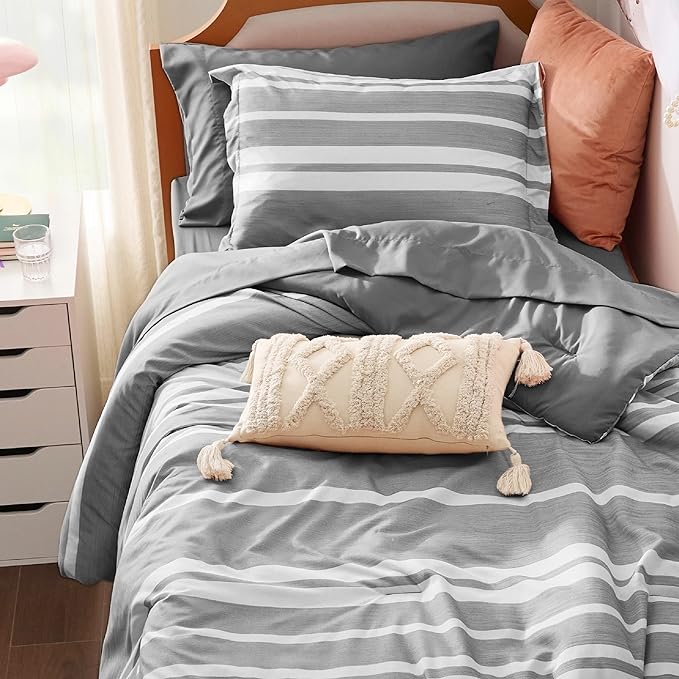 Bedsure Twin Comforter Set 5 Pieces, Gray White Striped Twin Bedding Sets All Season Bed Set, Twin Bed in a Bag with Comforter, Sheets, Pillowcase & Sham