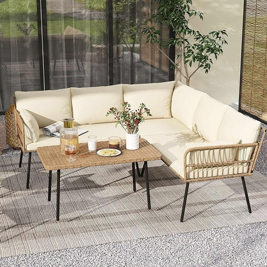 DWVO 4 Pieces Patio Furniture Set, Outdoor Rattan Woven Patio Conversation Set Sectional L-Shaped Sofa with 5 Seater for Backyard, Porch, Boho Detachable Lounger with Cushions and Side Table (Beige)