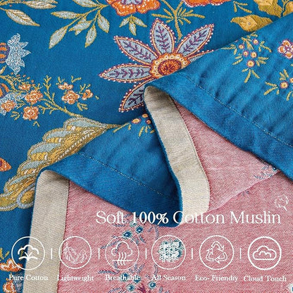Fall Throw Blanket for Couch, Blue Boho Decorative Throw Blanket, 100% Cotton Muslin Breathable Woven Farmhouse Blankets Quilt, 90"x98" Reversible Lightweight Blankets Bohemian Throw Quilt