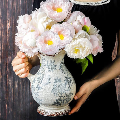 Enra Large Vintage Blue and White and Pitcher for Home Decor, 9.7 Inch Rustic Chinoiserie Decorative Vases, Green and Beige Ceramic Vases for Living Room, Kitchen, Office – Large Vases for Decor