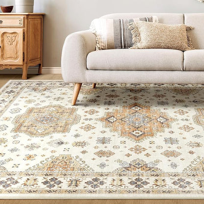 Washable Area Rugs for Living Room - 7x9 Neutral Vintage Distressed Floral Farmhouse Boho Large Soft Floor Rug Indoor Non Slip Carpet for Living Room Bedroom Dining Room Office - Orange/Yellow/Beige