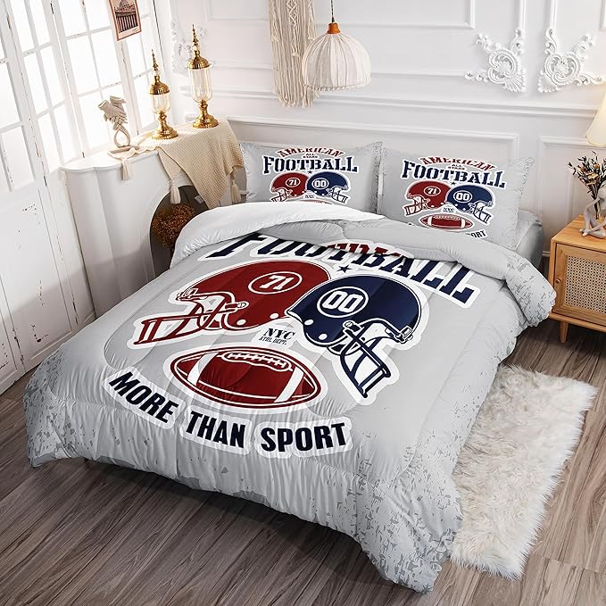 Datura home American Football Comforter Set Vintage Grey American Football Printed Quilt Bedding Set with 1 Comforter and 2 Pillowcases for Boys and Girls Bedroom All Season(Football Grey Full)